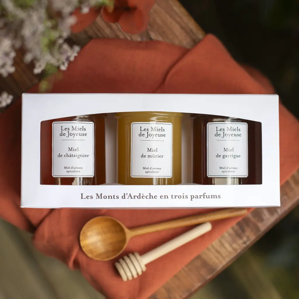 Miels de Joyeuse French honey gift set with Chestnut, Mulberry, and Garrigue honeys