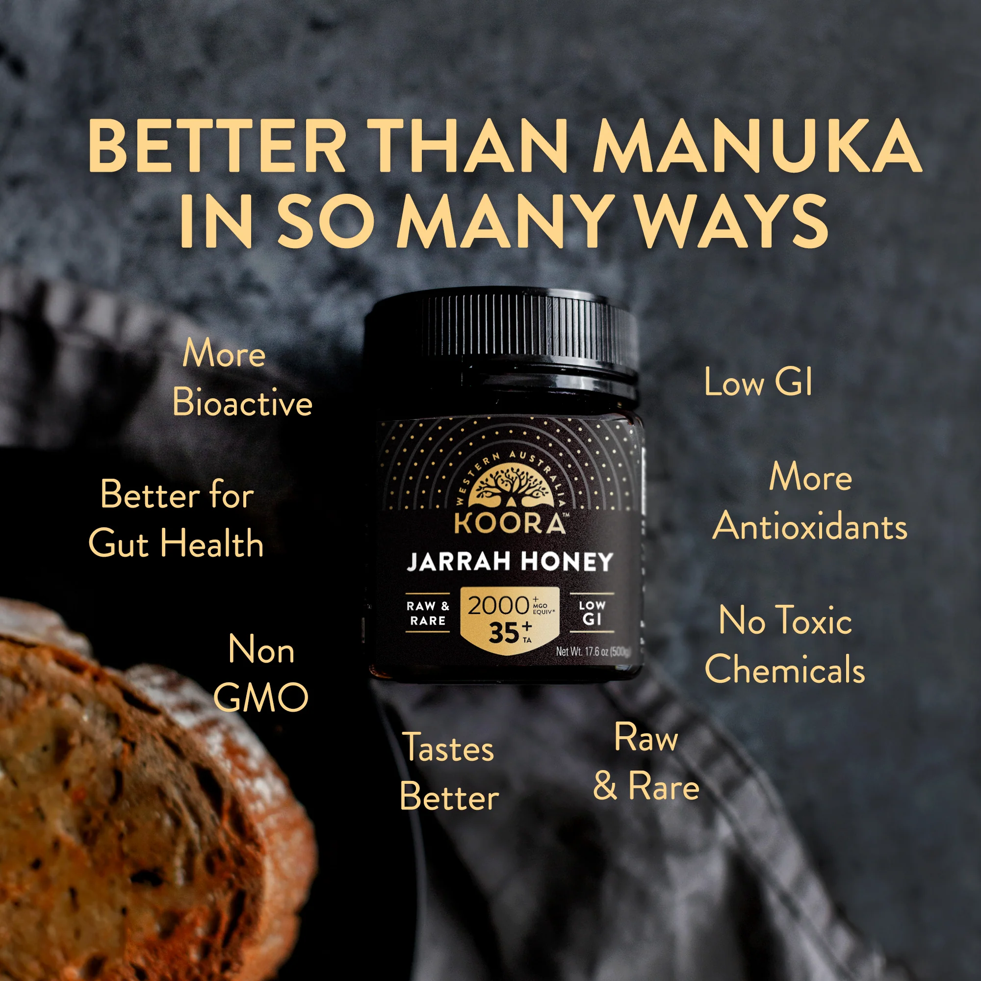 Koora promotional graphic showing a 500 g Jarrah honey jar surrounded by claims comparing its properties with Manuka honey.