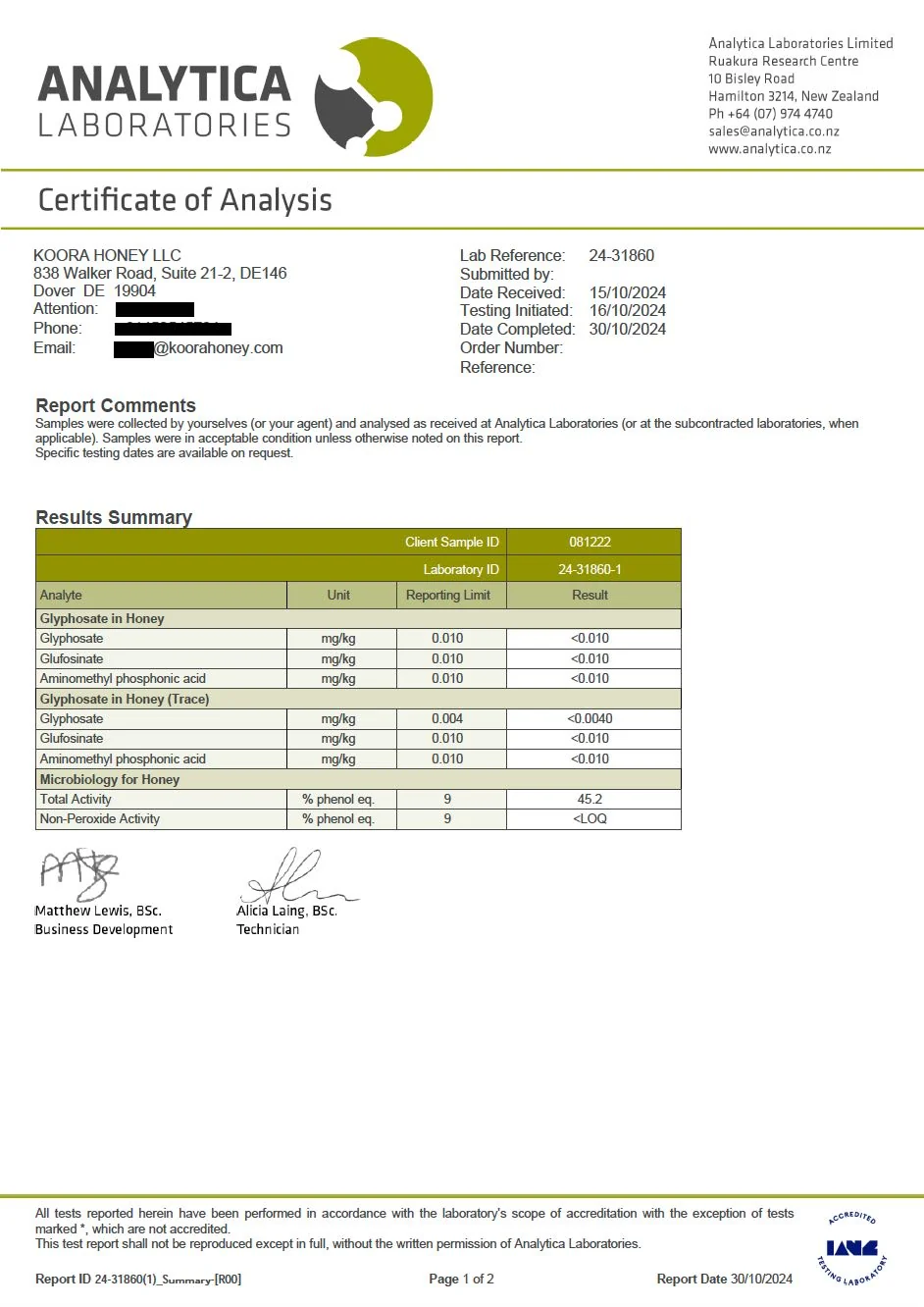 Analytica certificate dated October 30, 2024, reporting Total Activity of 45.2 and tested herbicide residues below reporting limits.