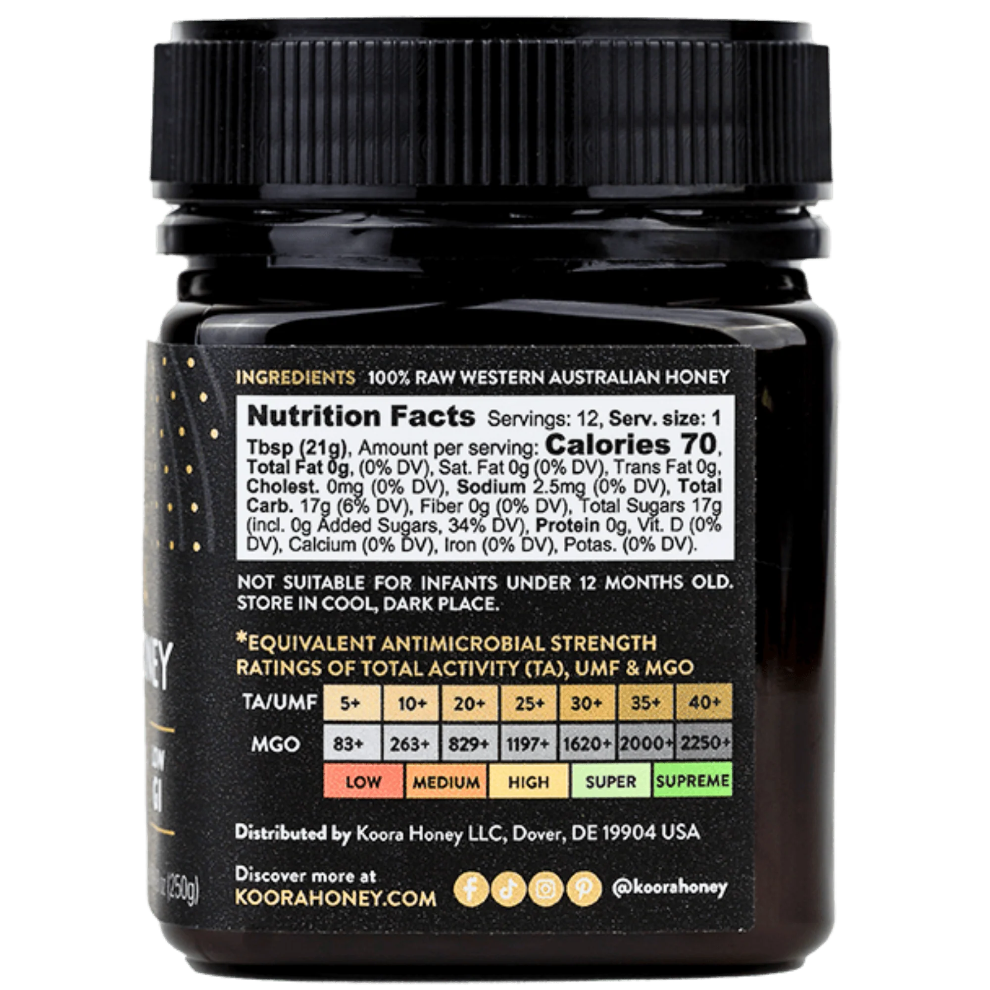Back label of Koora Jarrah Honey showing ingredients, nutrition facts, storage instructions, and the manufacturer’s activity comparison chart.